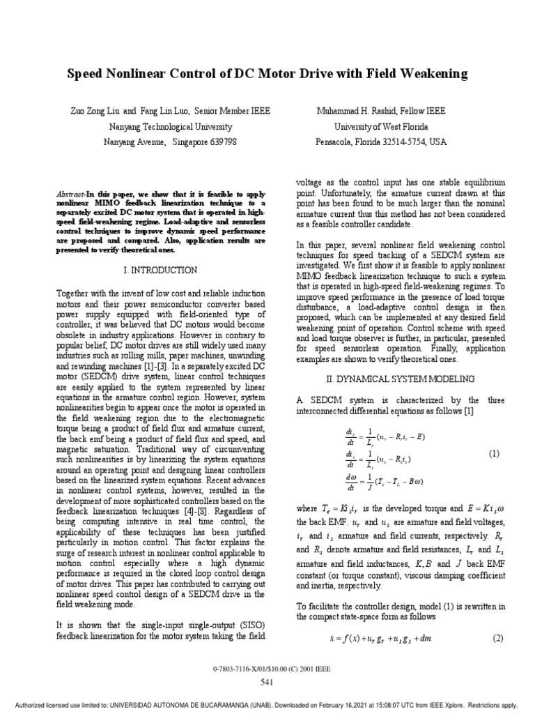 Speed Control of DC Motor Drive With Field Weakening PDF Electric Motor Control
