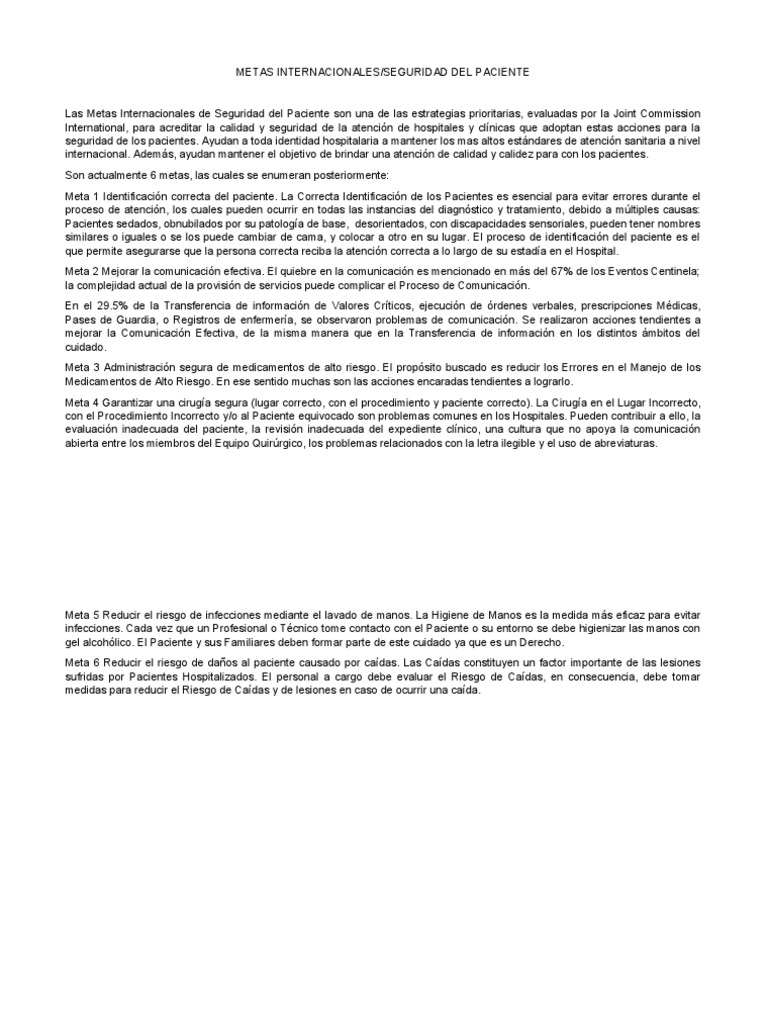 Metas Internacionales De Seguridad Del Paciente Pdf Seguridad Del