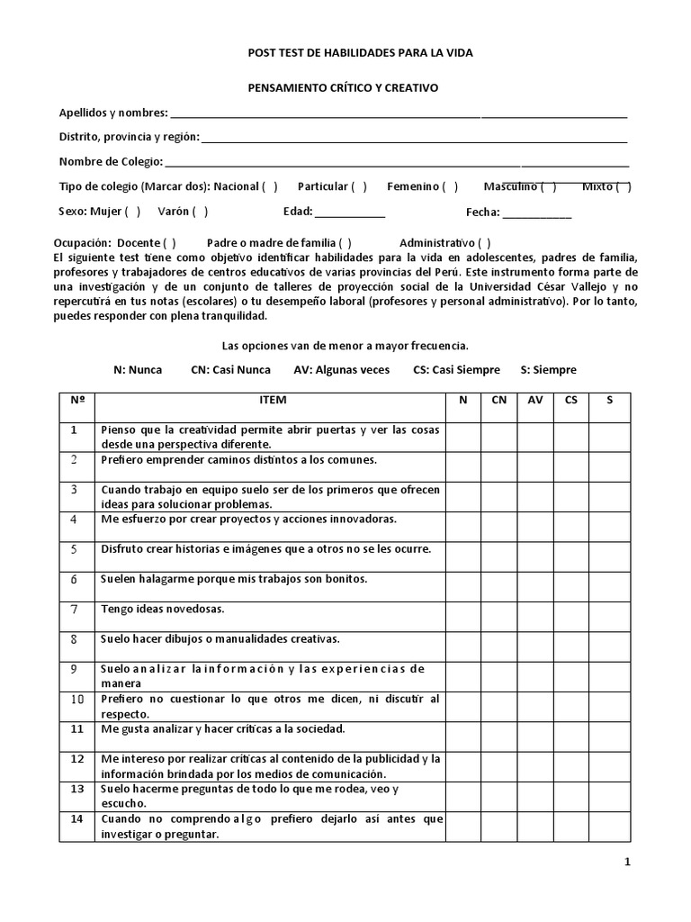Test de Habilidades para la Vida | PDF