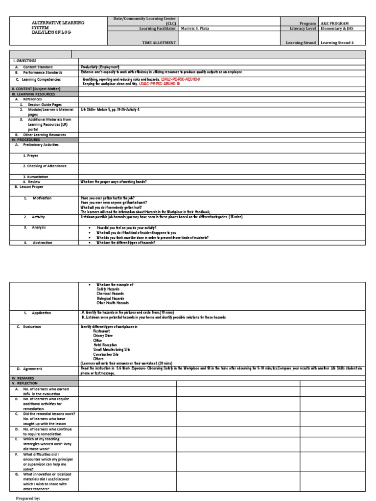 DLL Life Skills Module 5 Session 1 Activity 4 5 | PDF | Learning | Teachers