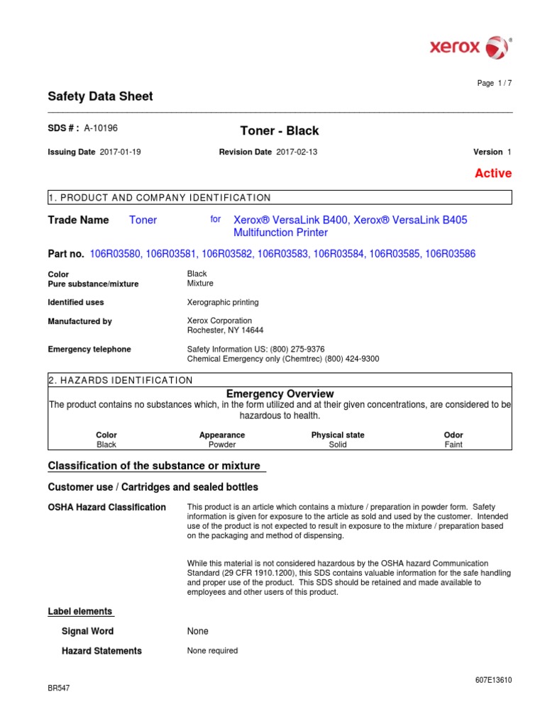Safety Data Sheet Toner Black Toner Xerox® Versalink B400, Xerox