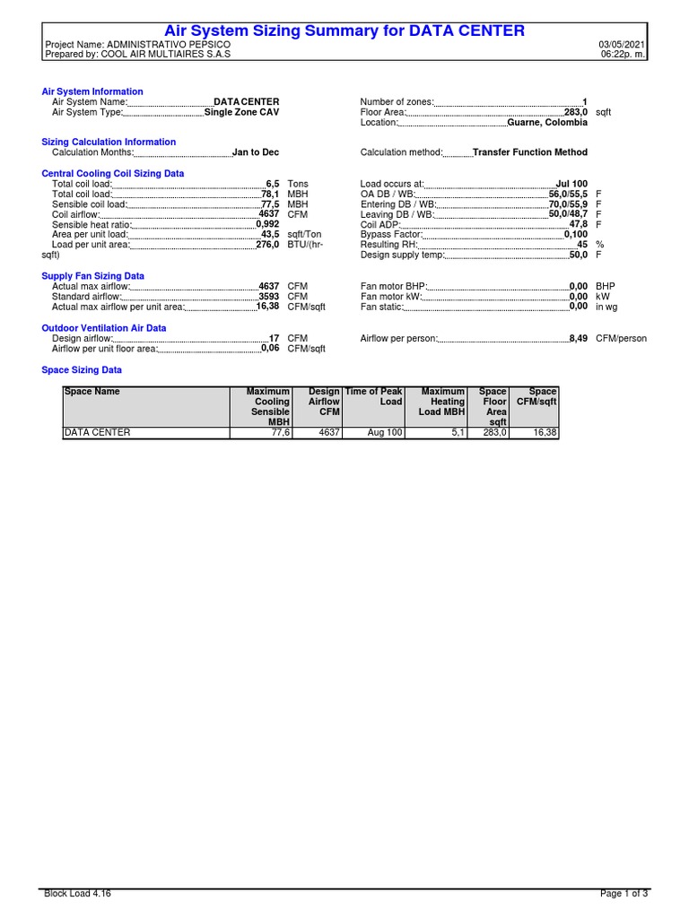 Data Center Air System Sizing Summary | PDF | Data Center | Ventilation ...