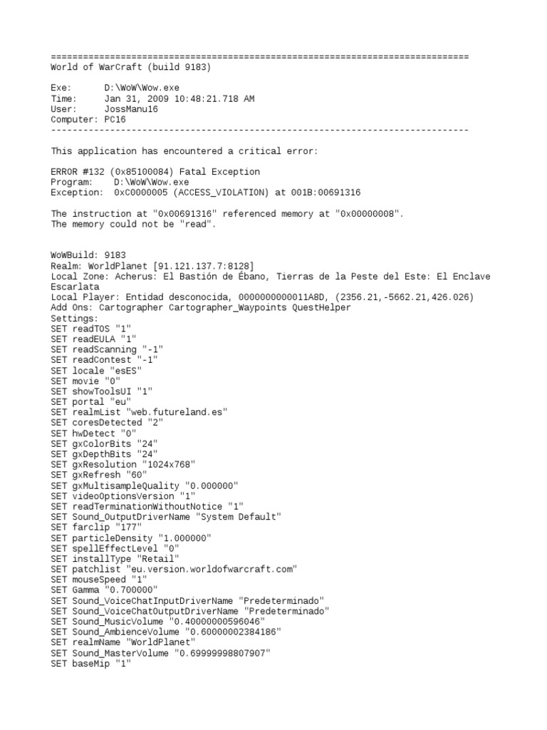 WoW Error Report: Access Violation | PDF | Computer Data | Personal ...
