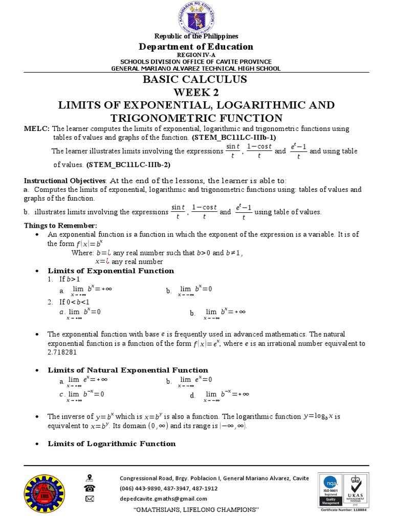 Limits of Functions in Basic Calculus | PDF | Function (Mathematics ...