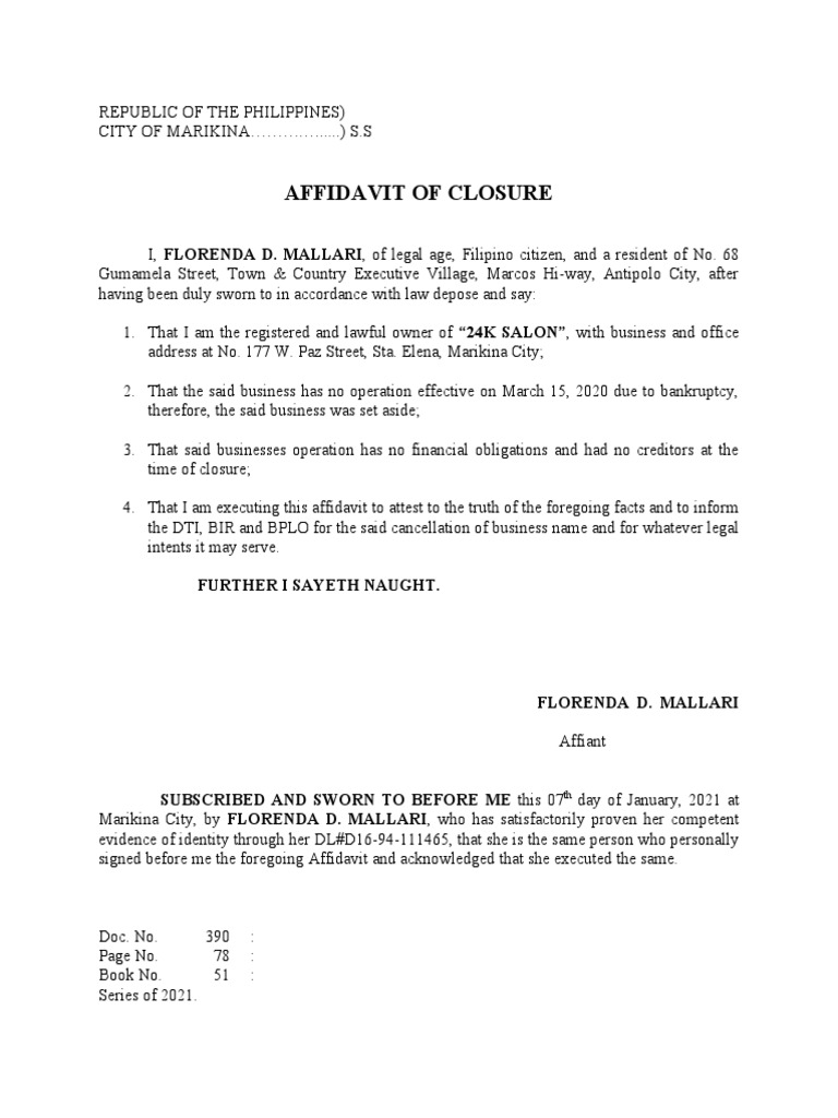 Affidavit of Closure Further I Sayeth Naught PDF