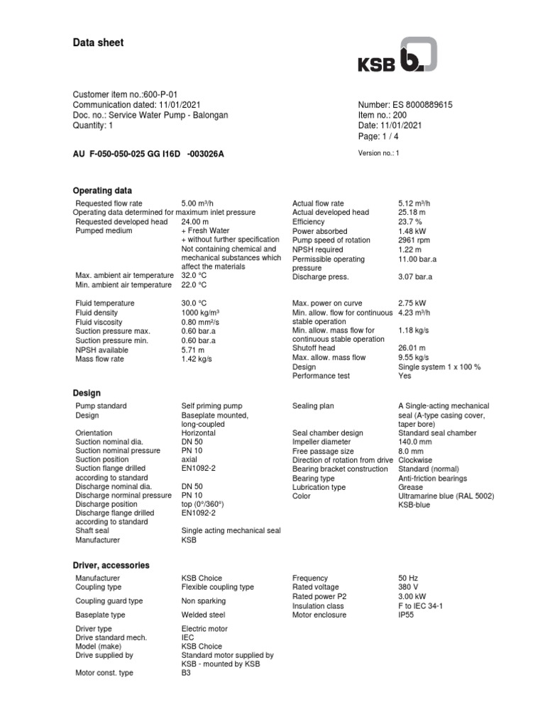 Service Water Pump Data Sheet | PDF | Pump | Fluid Dynamics