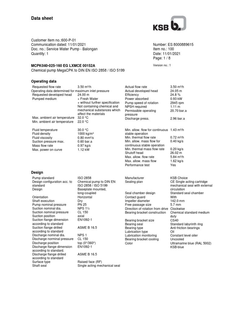 KSB MegaCPK Chemical Pump Data Sheet | PDF | Pump | Flow Measurement