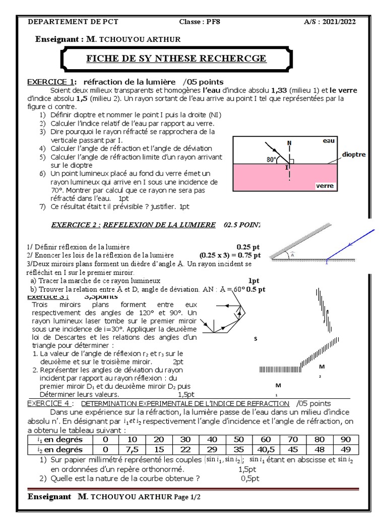 Comment Déterminer La Valeur De L angle D incidence Sur Schema KEVIN | PDF | Réfraction | Indice de réfraction
