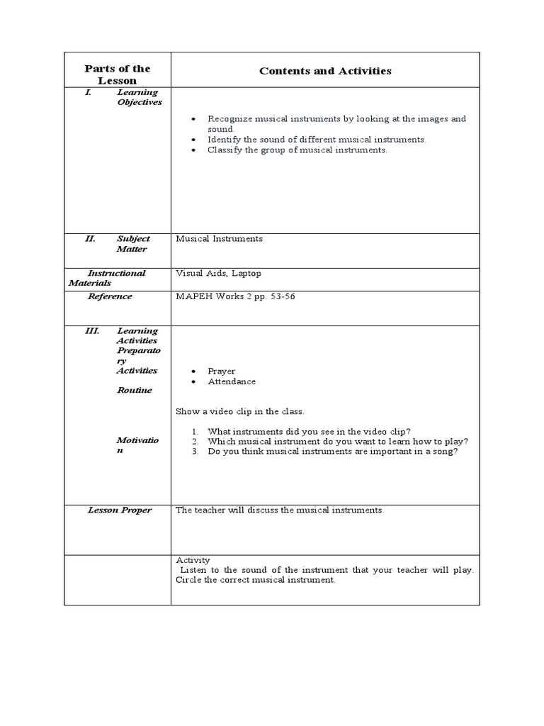 Lesson Plan Musical Instrument | PDF | Language Arts & Discipline