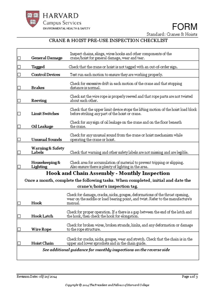 Crane & Hoist PreUse Inspection Checklist Hook and Chain Assembly Monthly Inspection PDF