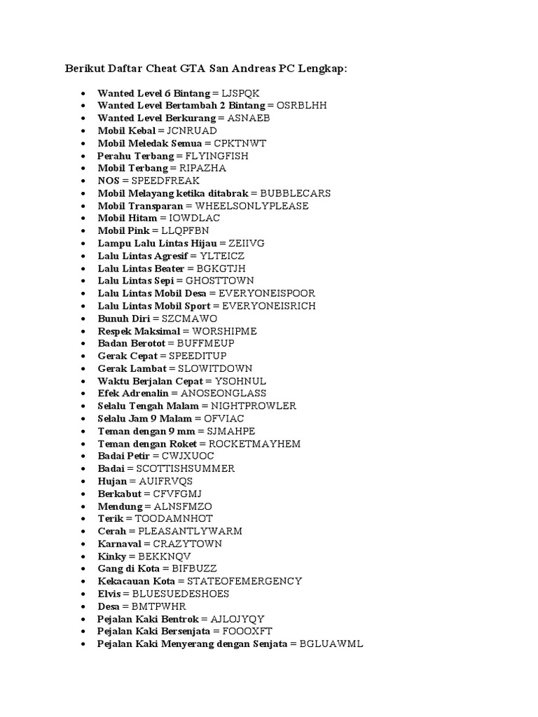 Berikut Daftar Cheat GTA San Andreas PC Lengkap | PDF