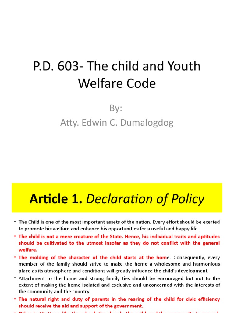 P.D. 603 Child and Youth Welfare Code PDF Parent Relationships