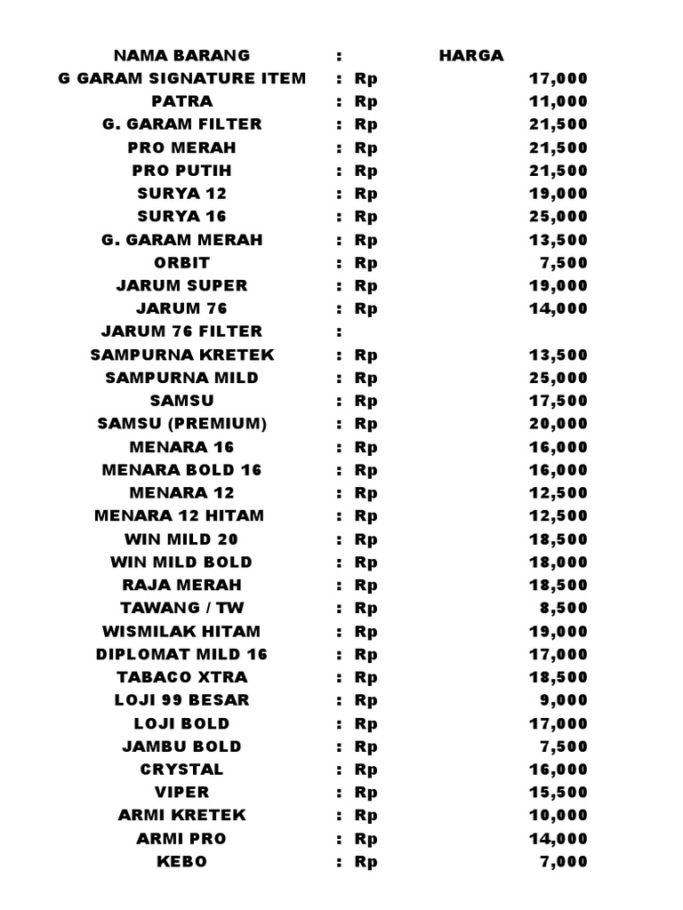 List Harga Rokok | PDF