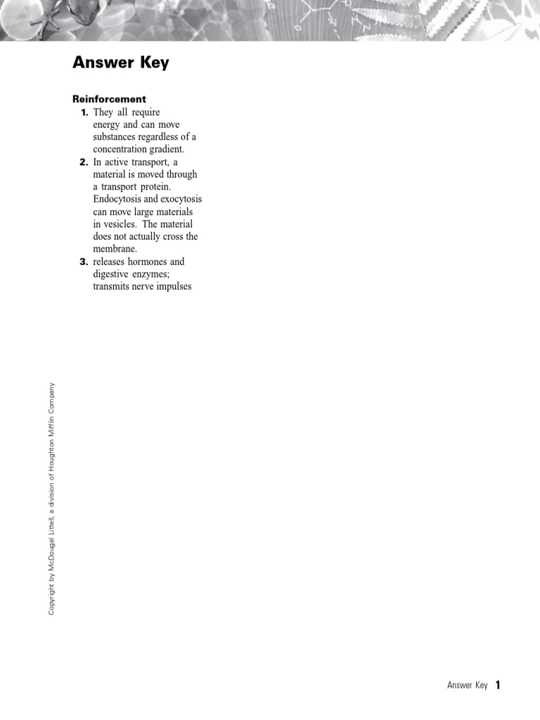 Answer Key: Reinforcement | PDF | Cell Membrane | Biology