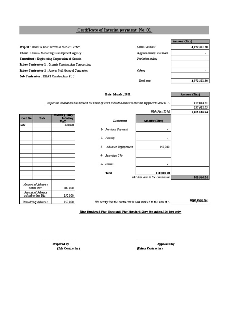 Interim Payment Certificate for Bedessa | PDF | Concrete | Masonry