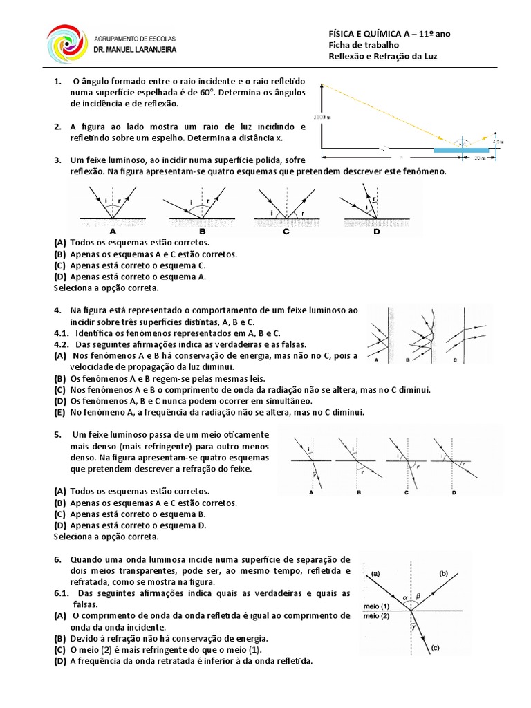 Exercícios sobre Reflexão e Refração da Luz | PDF | Fibra ótica ...