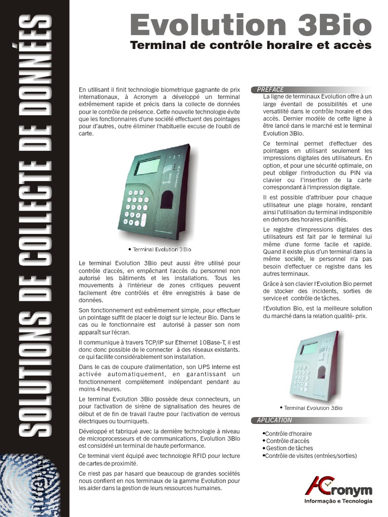 Terminal Evolution 3Bio : Contrôle d'accès et pointage | PDF | Terminal ...