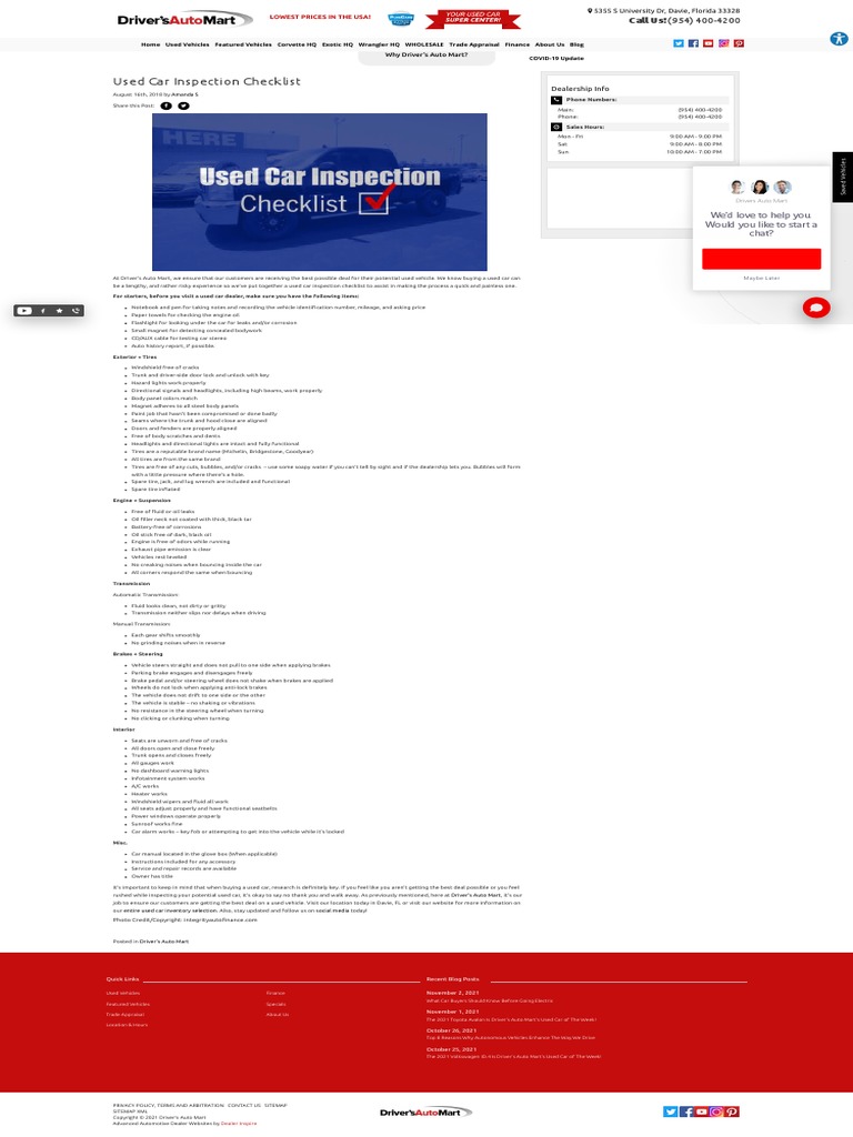 Used Car Inspection Checklist - Driver's Auto Mart | PDF | Used Car ...