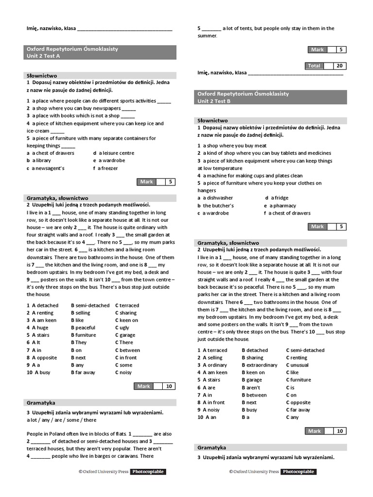 Oxford Repetytorium ósmoklasisty Unit 1 Test A