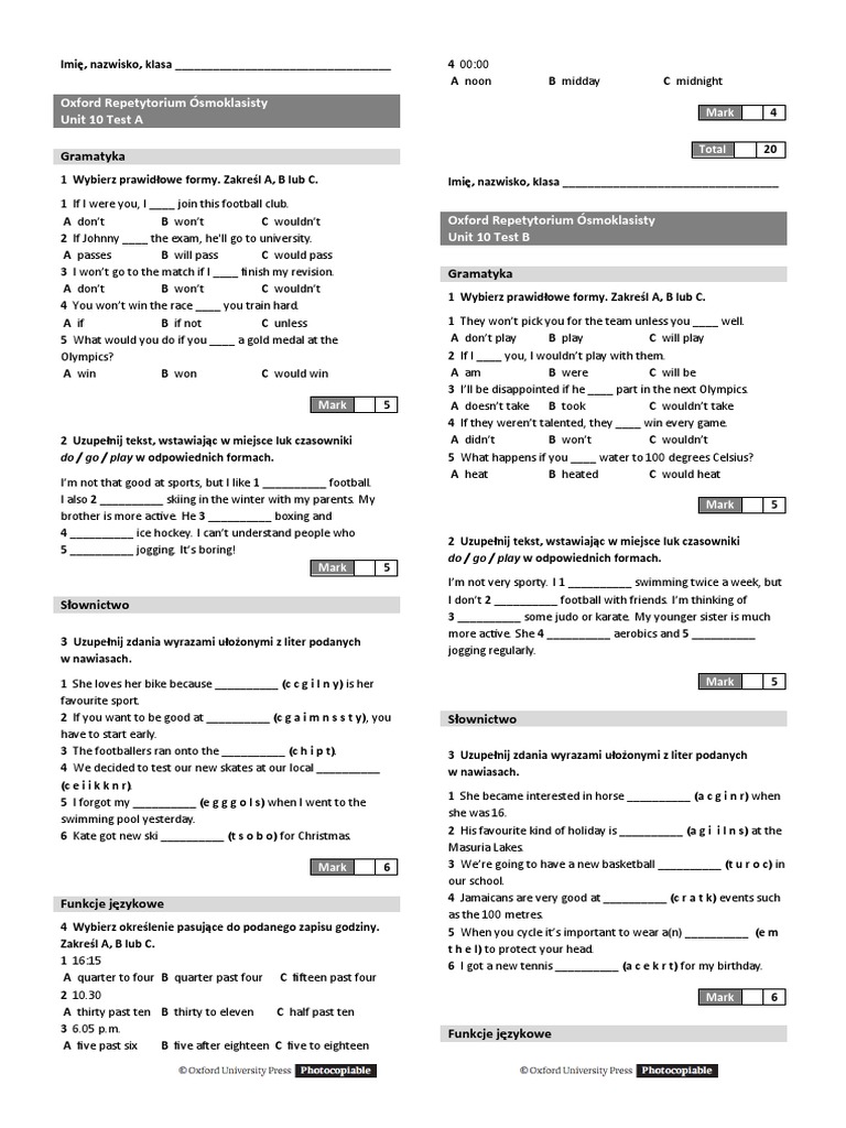 Oxford Repetytorium ósmoklasisty Unit 1 Test A