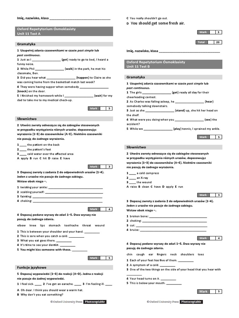 Test Unit 11 Zdrowie Odpowiedzi