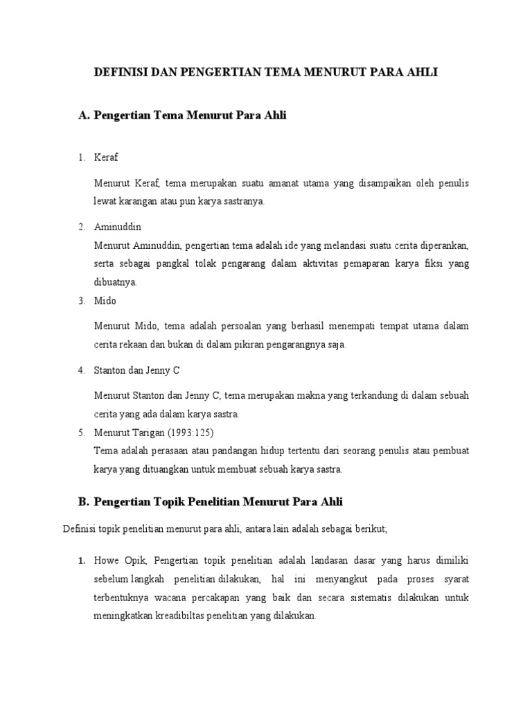Definisi dan pengertian tema menurut para ahli pdf