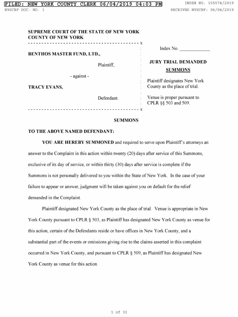Benthos Master Fund LTD Vs Tracy Evans PDF Complaint Summons