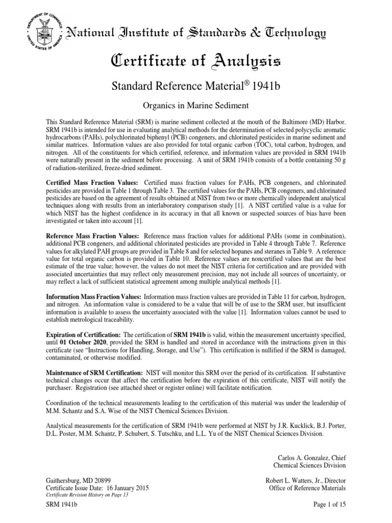 Certificate of Analysis National Institute of Standards & Technology