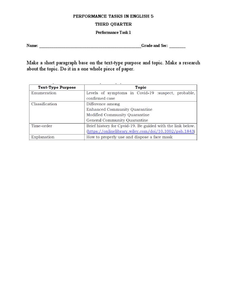 English Performance Tasks for Third Quarter: A Collection of Writing ...