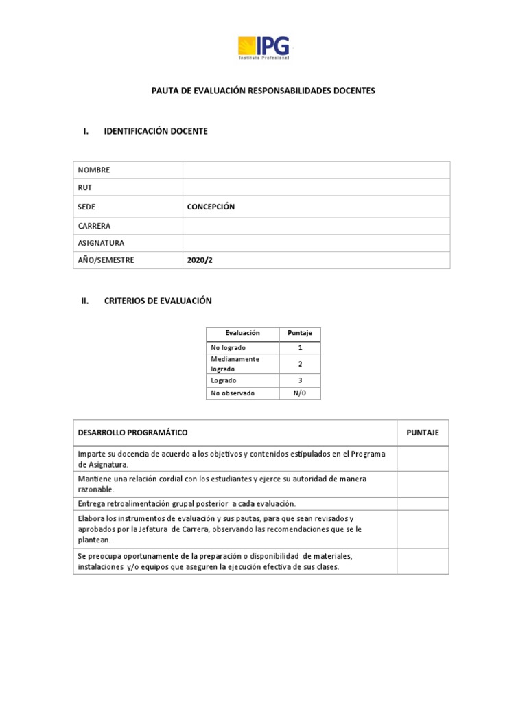 Pauta de Evaluación Responsabilidades Docentes | PDF | Evaluación