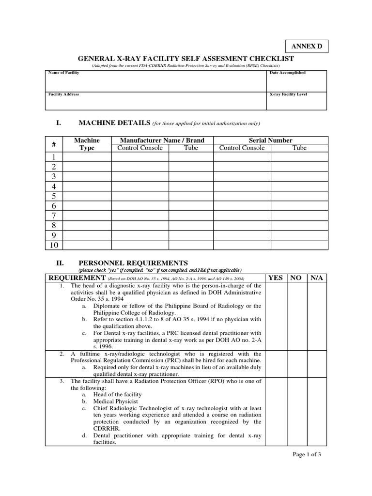 General XRay Facility Self Assesment Checklist Annex D PDF X Ray Radiography