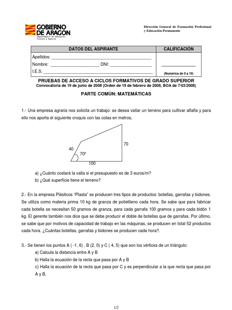 Examen Matematicas Acceso A Grado Superior PDF Función (Matemáticas) Enseñanza de matemática