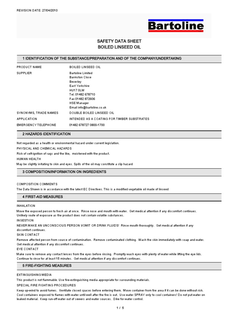 BARTOLINE BOILED LINSEED OIL Msds PDF Safety Occupational Safety And Health
