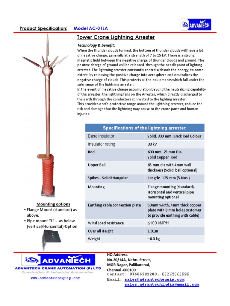 Tower Crane Lightning Arrester Product Specification PDF Lightning