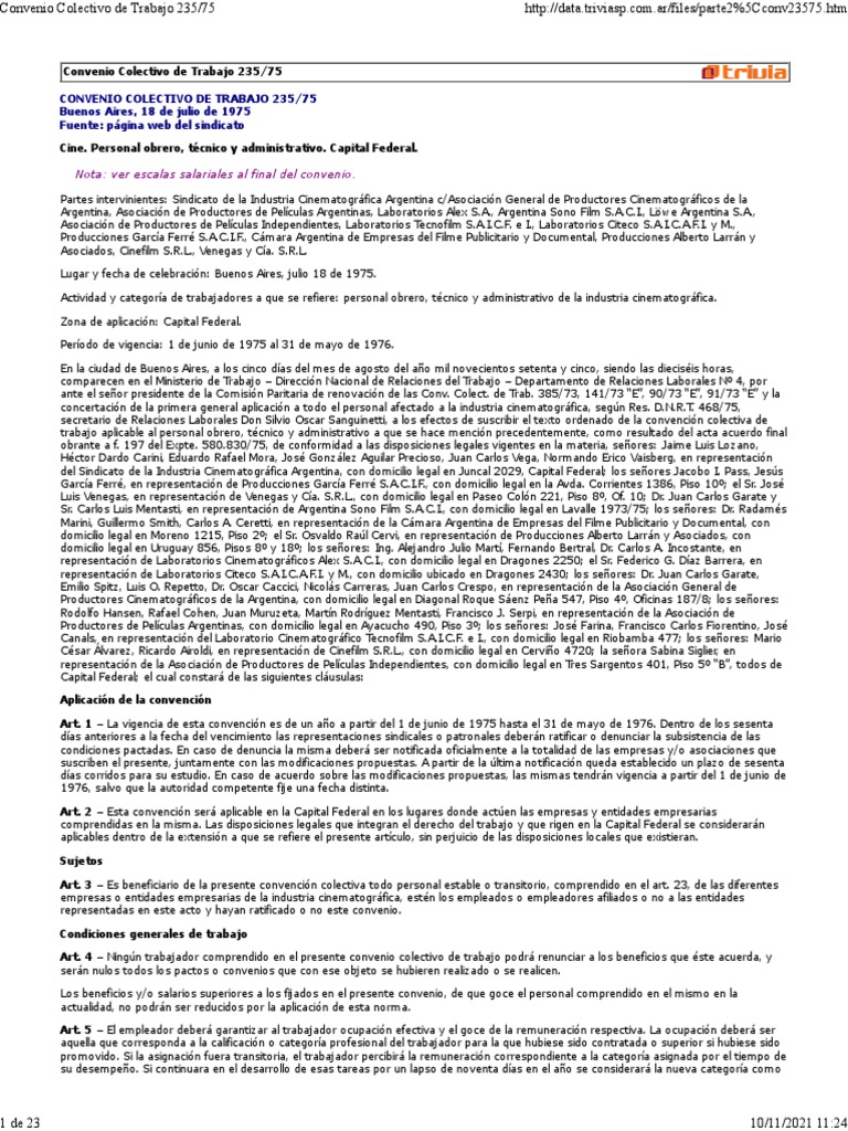 Convenio Colectivo de Trabajo SICA 235 - 75 | PDF | Salario | Tiempo de  trabajo, image size:768x1024
