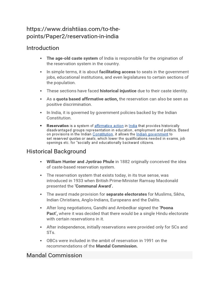 Reservation System in India Explained | PDF | Government | Politics Of ...