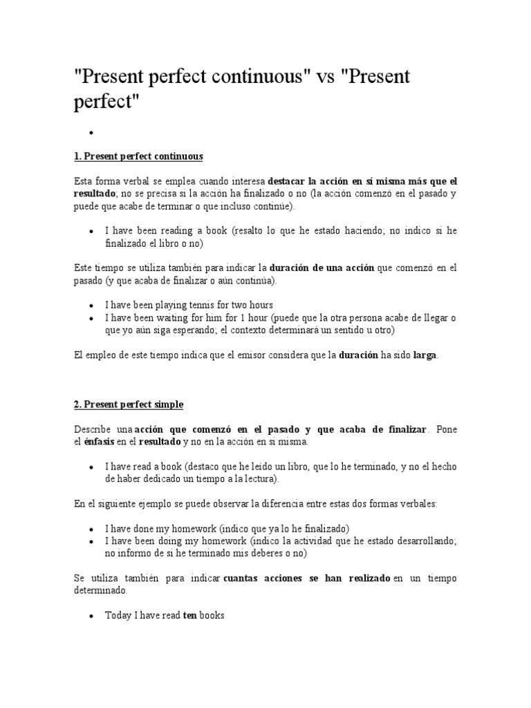 Diferencias entre presente perfecto y continuo | PDF