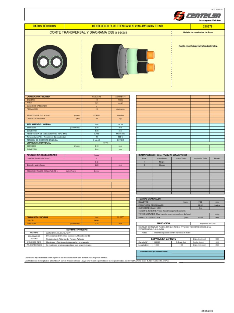 Ficha Tecnica Cable Encauchetado 2x16 PDF Resistencia Eléctrica y