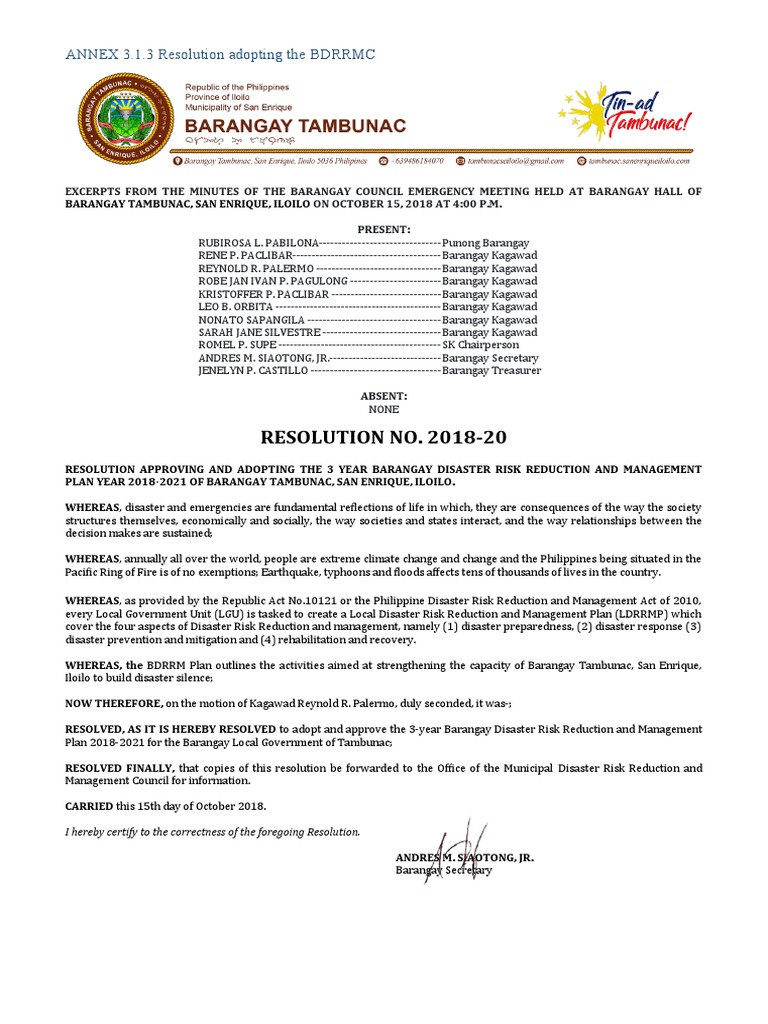 BDRRMC Resolution for Barangay Tambunac | PDF | Disaster Risk Reduction ...