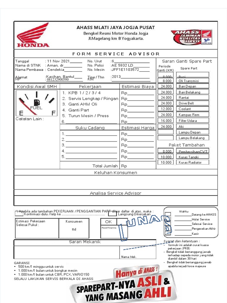 Nota Servis Motor Honda 2021 | PDF