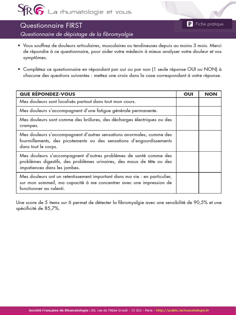 Fichepratique Fibromyalgie QuestionnaireFirst | PDF