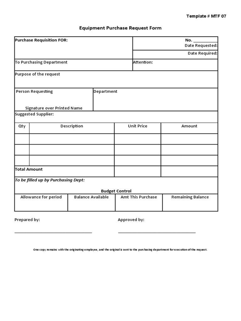 Equipment Purchase Request Form Purchase Requisition FOR No. PDF