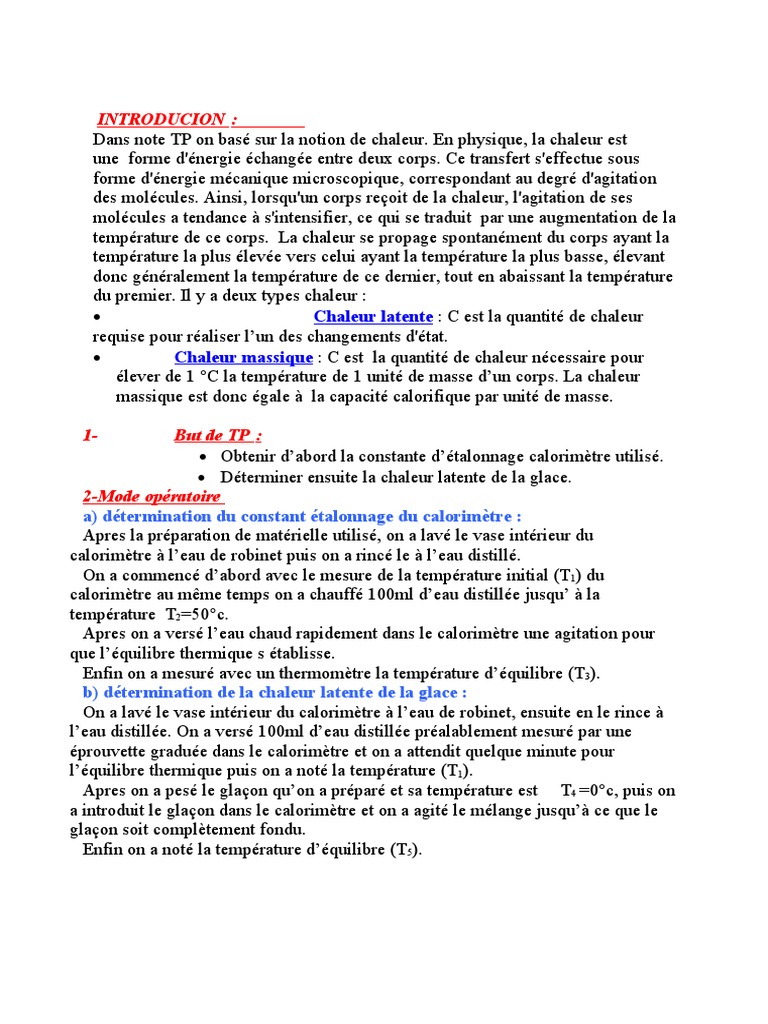 TP sur la chaleur et calorimétrie | PDF | Température | Enthalpie de ...