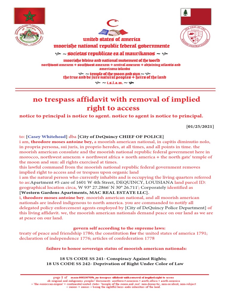 Moorish American No Trespass Affidavit | PDF | Common Law | Public Law
