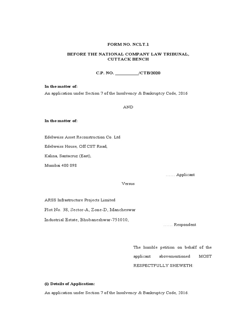 Form No. Nclt.1 Before The National Company Law Tribunal, Cuttack Bench PDF Bankruptcy