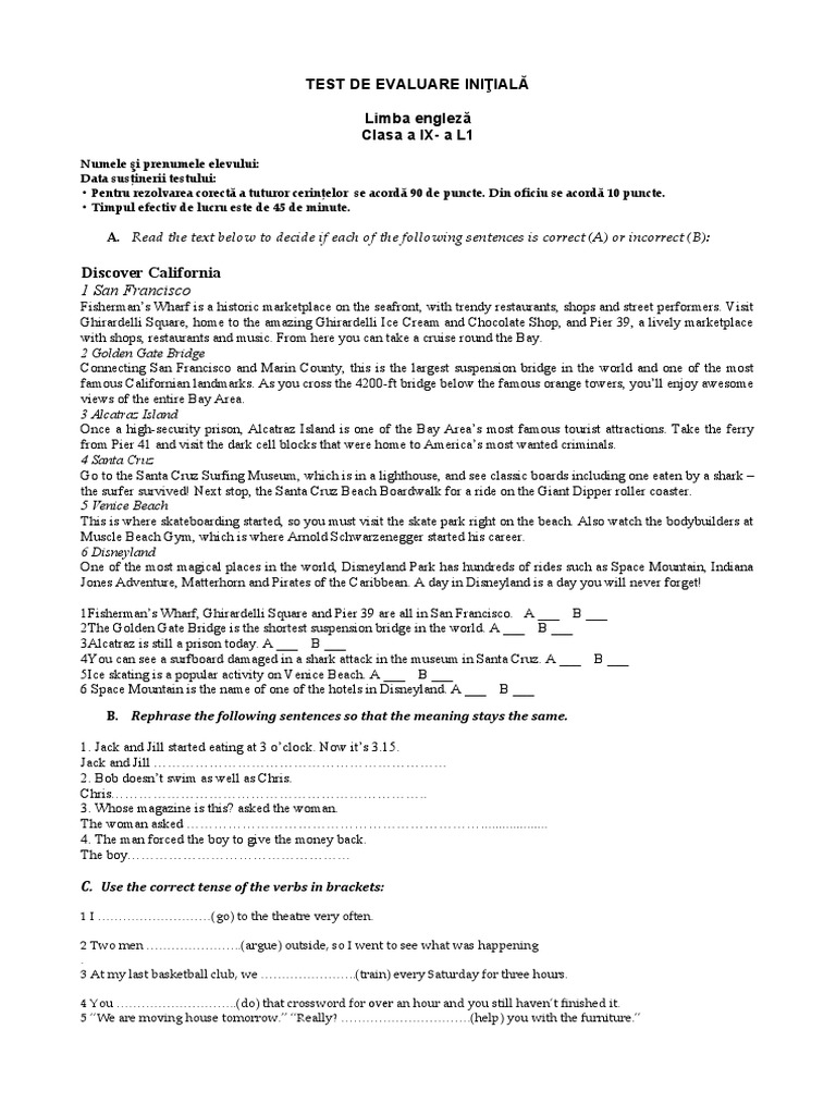 Test Initial Clasa A 9 A l1 Engleza 45 Min Barem | PDF | San Francisco ...