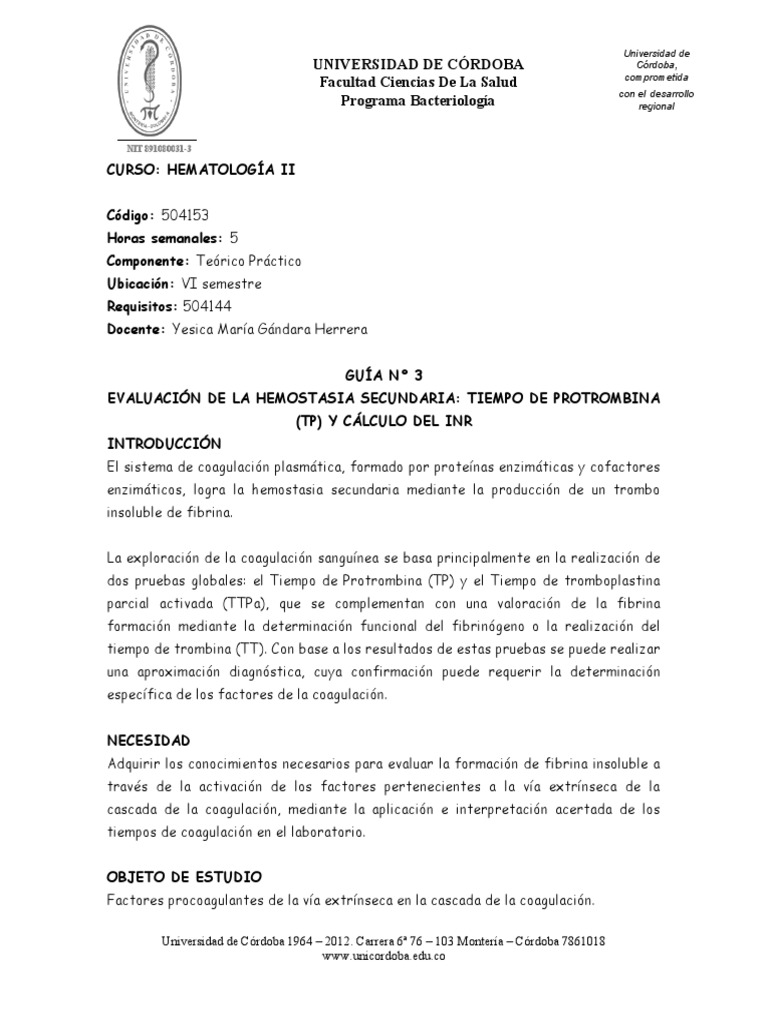 Guía 3. Tiempo de Protrombina e INR | PDF | Coagulación | Sangre