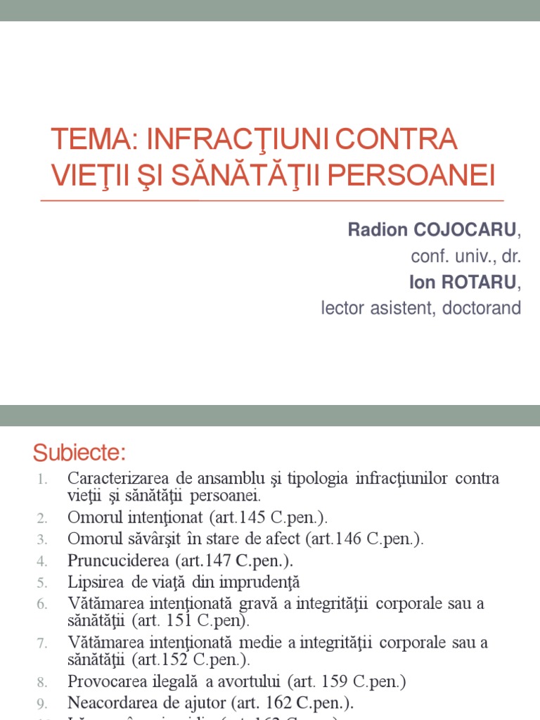 Tema 3 Infractiuni Contra Vietii Si Sanatatii Persoanei | PDF