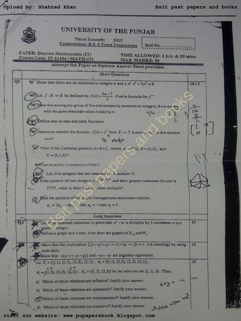 Dicsrete Math 2013 Bsit Past Papers and Book | PDF
