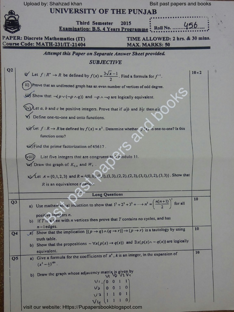 Dicsrete Math 2015 Bsit Past Papers and Book | PDF